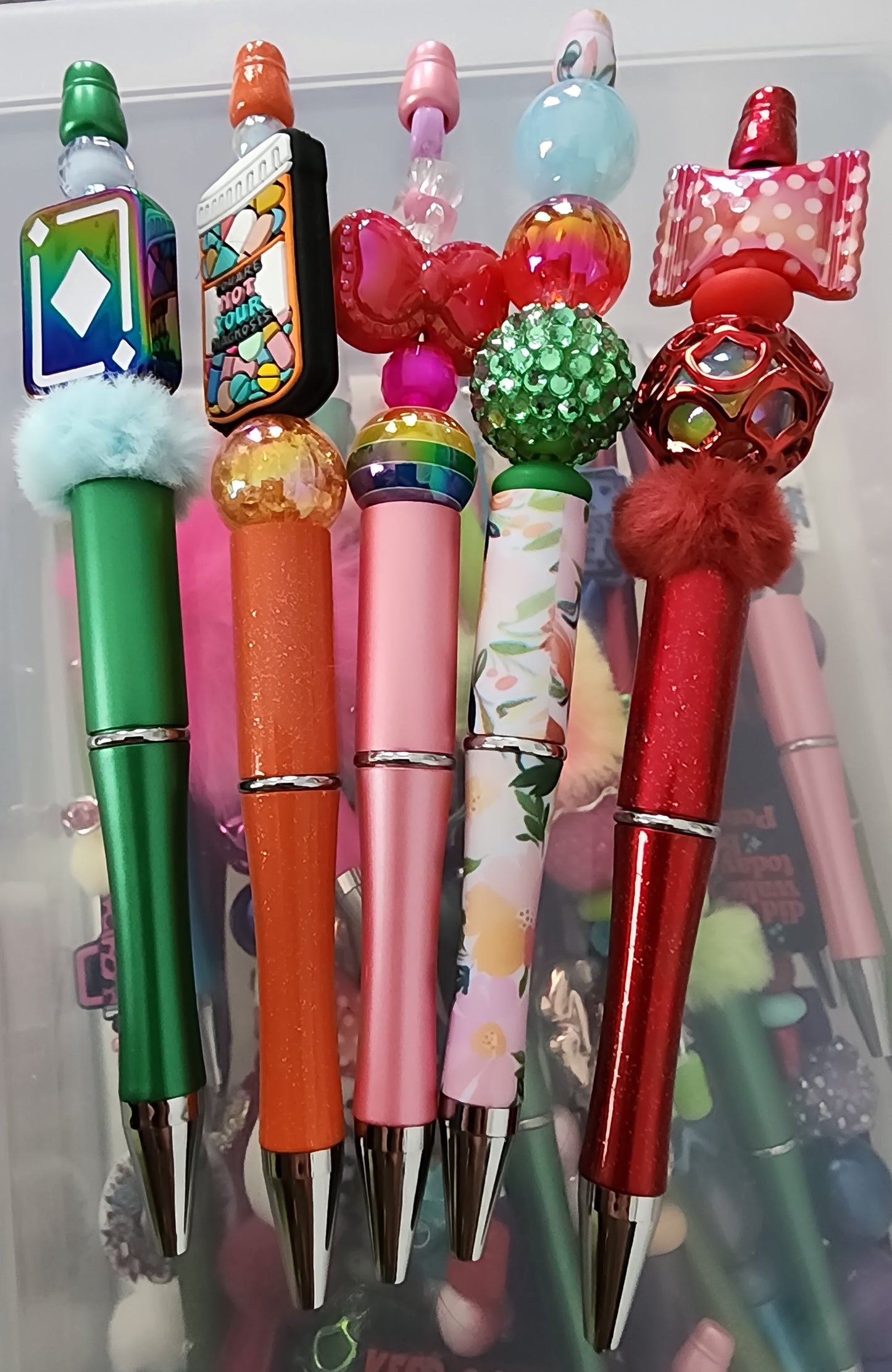 5 Pk Deal - Standard Beaded Pens (1 focal on plastic pens)
